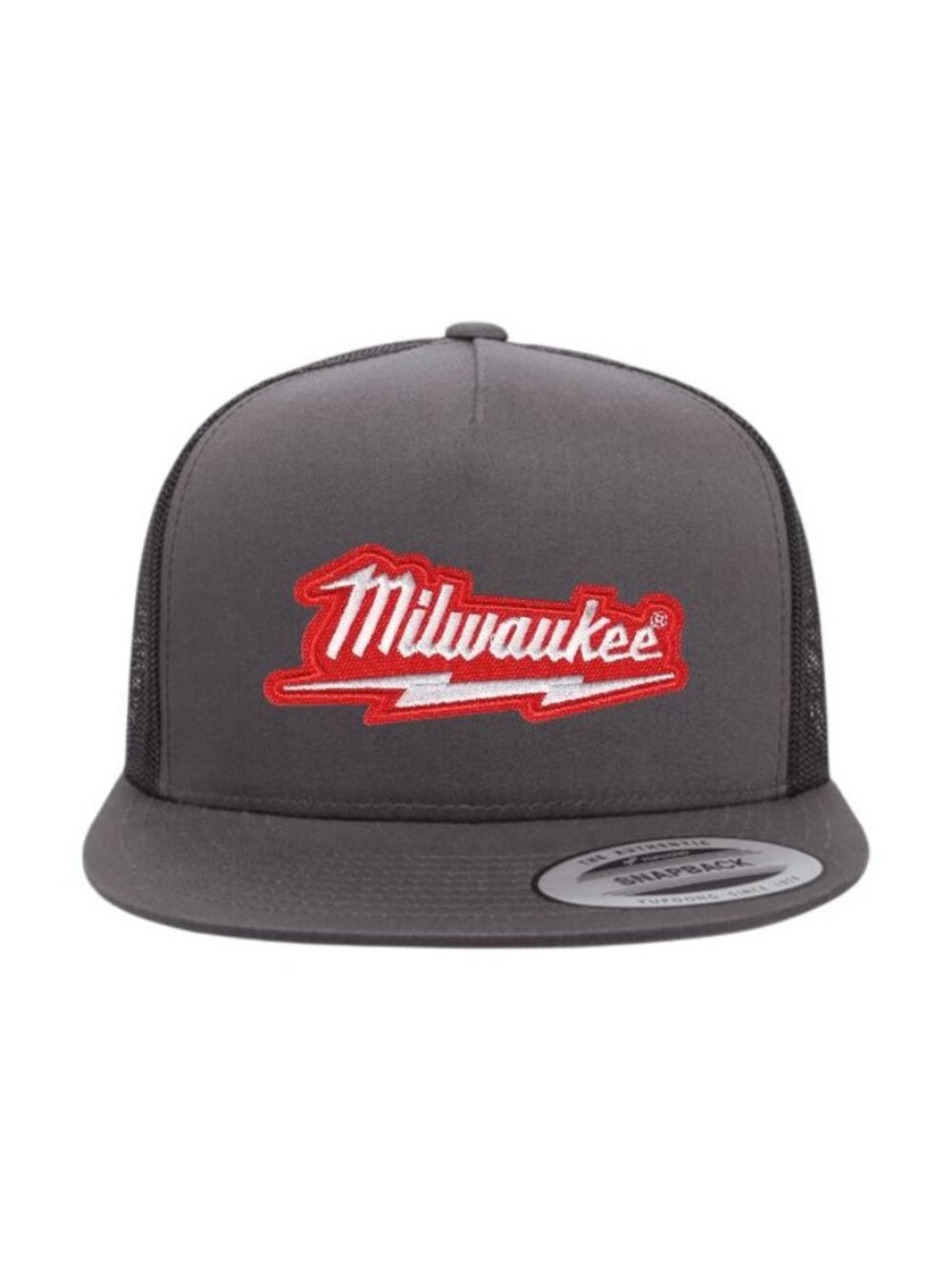 Milwaukee Red YP Flat Bill Trucker Hat Mesh Back Snapback Charcoal/black